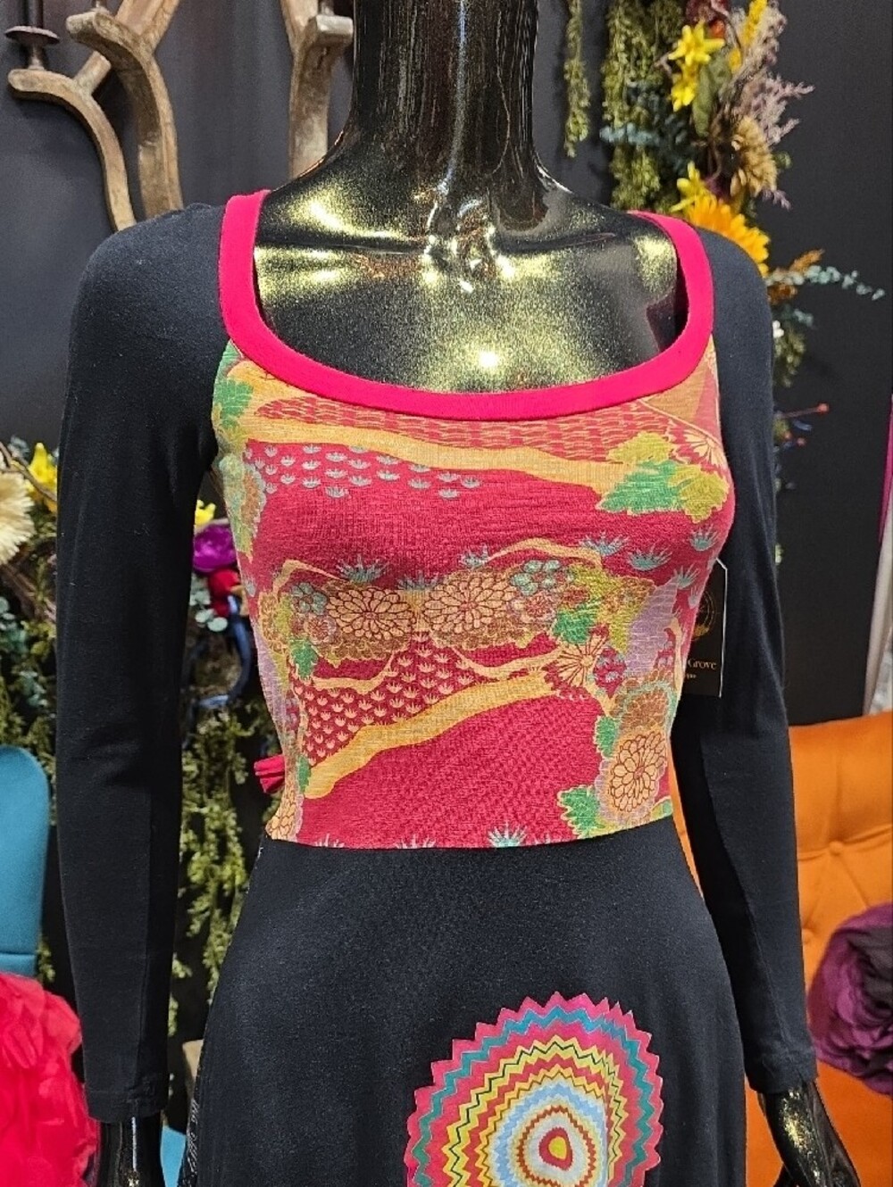 Desigual Black and Red Long-Sleeve Fit & Flare Dress with Multicolor Bodice - Picture 3 of 12